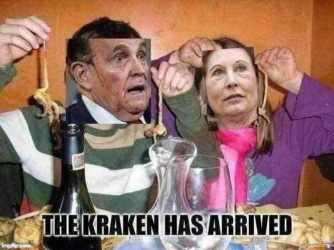 The Kraken has arrived [with apologies to TwoWayMirror] | image tagged in giuliani powell the kraken has arrived,voter fraud,election fraud,kraken,release the kraken,election 2020 | made w/ Imgflip meme maker