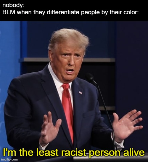If YoU DiSsAgReE tHeN yOu AiN't BLaCk | nobody:
BLM when they differentiate people by their color:; I'm the least racist person alive | image tagged in blm,politics,memes | made w/ Imgflip meme maker