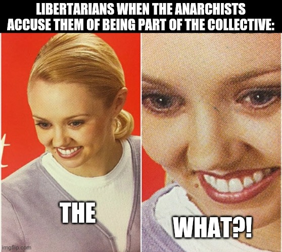 WAIT WHAT? | LIBERTARIANS WHEN THE ANARCHISTS ACCUSE THEM OF BEING PART OF THE COLLECTIVE:; THE; WHAT?! | image tagged in wait what | made w/ Imgflip meme maker