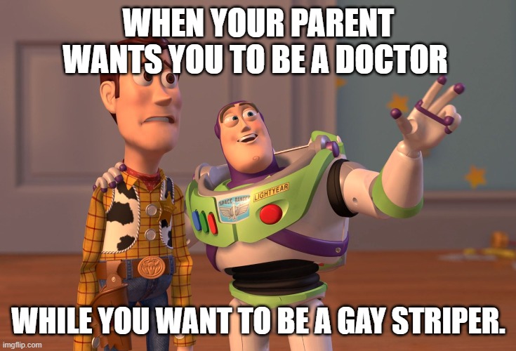 X, X Everywhere Meme | WHEN YOUR PARENT WANTS YOU TO BE A DOCTOR; WHILE YOU WANT TO BE A GAY STRIPER. | image tagged in memes,x x everywhere | made w/ Imgflip meme maker