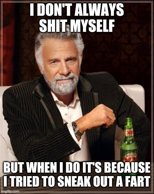 The Most Interesting Man In The World Meme | I DON'T ALWAYS SHIT MYSELF; BUT WHEN I DO IT'S BECAUSE I TRIED TO SNEAK OUT A FART | image tagged in memes,the most interesting man in the world | made w/ Imgflip meme maker