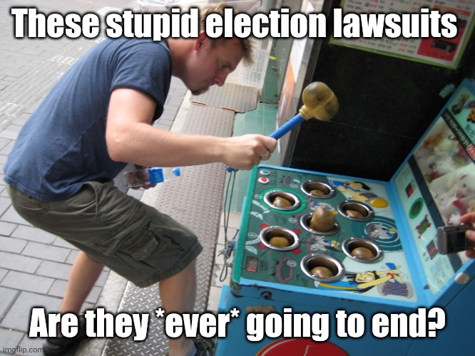 It's been over a month and today is the safe harbor deadline.  Enough is enough. | These stupid election lawsuits; Are they *ever* going to end? | image tagged in whack a mole,election 2020,voter fraud,voter disenfranchisement | made w/ Imgflip meme maker