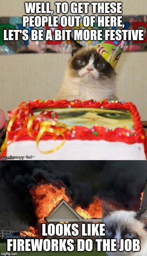 grumpy cat birthday | WELL, TO GET THESE PEOPLE OUT OF HERE, LET'S BE A BIT MORE FESTIVE; LOOKS LIKE FIREWORKS DO THE JOB | image tagged in grumpy cat consequences | made w/ Imgflip meme maker