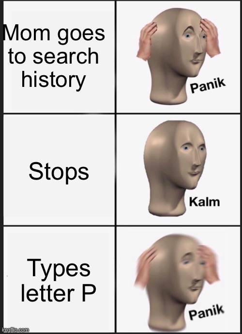 Panik Kalm Panik Meme | Mom goes to search history; Stops; Types letter P | image tagged in memes,panik kalm panik | made w/ Imgflip meme maker