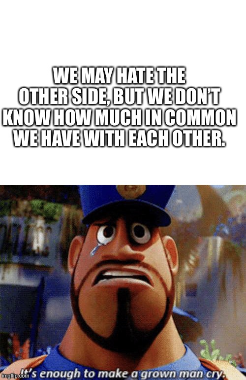 My quote | WE MAY HATE THE OTHER SIDE, BUT WE DON’T KNOW HOW MUCH IN COMMON WE HAVE WITH EACH OTHER. | image tagged in blank white template,it's enough to make a grown man cry,war,battle,conflict | made w/ Imgflip meme maker