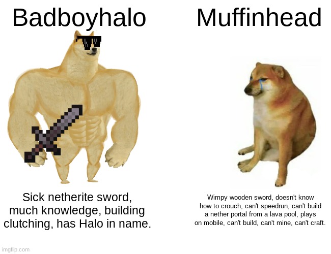 Buff Doge vs. Cheems | Badboyhalo; Muffinhead; Sick netherite sword, much knowledge, building clutching, has Halo in name. Wimpy wooden sword, doesn't know how to crouch, can't speedrun, can't build a nether portal from a lava pool, plays on mobile, can't build, can't mine, can't craft. | image tagged in memes,buff doge vs cheems | made w/ Imgflip meme maker