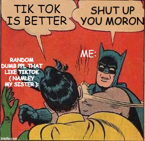 SO RELATIBLE XDDDDDDDDDD | SHUT UP YOU MORON; TIK TOK IS BETTER; ME:; RANDOM DUMB PPL THAT LIKE TIKTOK ( NAMLEY MY SISTER ): | image tagged in memes,batman slapping robin | made w/ Imgflip meme maker