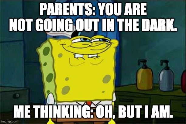 Don't You Squidward | PARENTS: YOU ARE NOT GOING OUT IN THE DARK. ME THINKING: OH, BUT I AM. | image tagged in memes,don't you squidward | made w/ Imgflip meme maker
