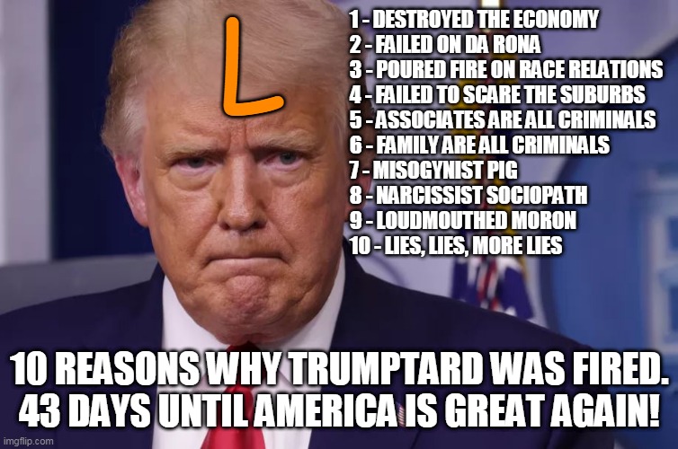 43 days until america is great again! | L; 1 - DESTROYED THE ECONOMY
2 - FAILED ON DA RONA
3 - POURED FIRE ON RACE RELATIONS
4 - FAILED TO SCARE THE SUBURBS
5 - ASSOCIATES ARE ALL CRIMINALS
6 - FAMILY ARE ALL CRIMINALS
7 - MISOGYNIST PIG
8 - NARCISSIST SOCIOPATH
9 - LOUDMOUTHED MORON
10 - LIES, LIES, MORE LIES; 10 REASONS WHY TRUMPTARD WAS FIRED.
43 DAYS UNTIL AMERICA IS GREAT AGAIN! | image tagged in trumptard | made w/ Imgflip meme maker