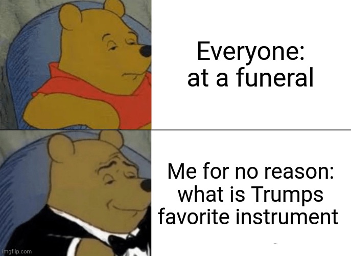 Tuxedo Winnie The Pooh Meme | Everyone: at a funeral; Me for no reason: what is Trumps favorite instrument | image tagged in memes,tuxedo winnie the pooh | made w/ Imgflip meme maker