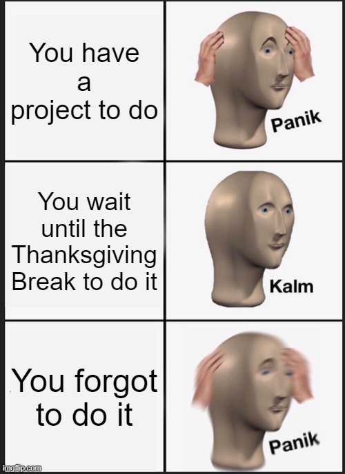 Does anyone else know this pain? | You have a project to do; You wait until the Thanksgiving Break to do it; You forgot to do it | image tagged in memes,panik kalm panik | made w/ Imgflip meme maker