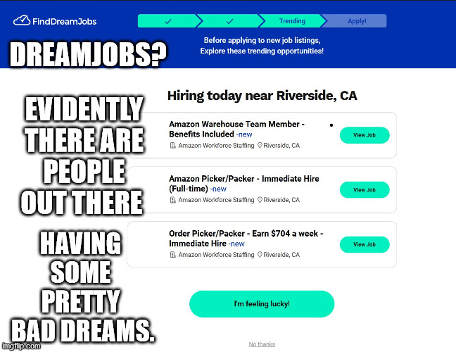 Amazon Dream Jobs | DREAMJOBS? EVIDENTLY THERE ARE PEOPLE OUT THERE; HAVING SOME PRETTY
 BAD DREAMS. | image tagged in work,dream,jobs,bad,amazon | made w/ Imgflip meme maker