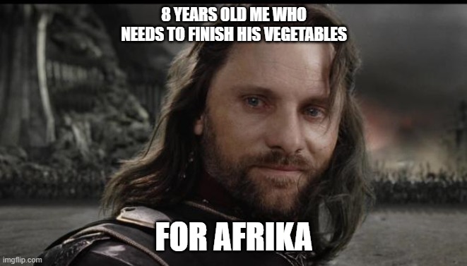aragorn | 8 YEARS OLD ME WHO NEEDS TO FINISH HIS VEGETABLES; FOR AFRIKA | image tagged in aragorn | made w/ Imgflip meme maker