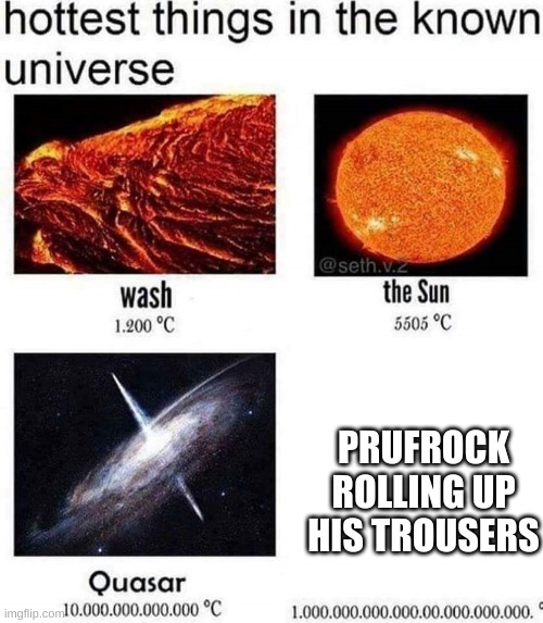 Prufrock 1 | PRUFROCK ROLLING UP HIS TROUSERS | image tagged in hottest things in the known universe | made w/ Imgflip meme maker