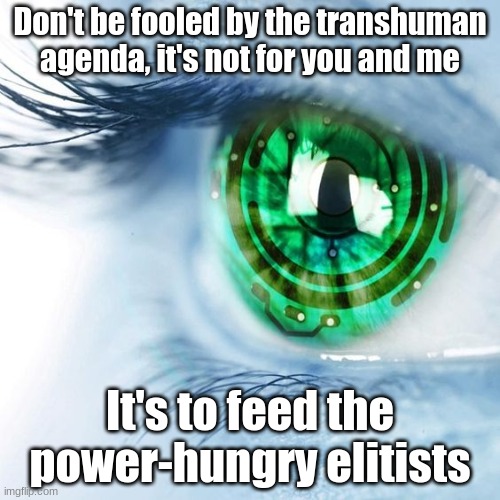 Don't be fooled by the transhuman agenda, it's not for you and me; It's to feed the power-hungry elitists | image tagged in politics | made w/ Imgflip meme maker