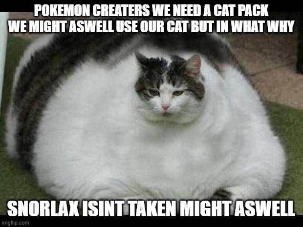 fat cat 2 | POKEMON CREATERS WE NEED A CAT PACK WE MIGHT ASWELL USE OUR CAT BUT IN WHAT WHY; SNORLAX ISINT TAKEN MIGHT ASWELL | image tagged in fat cat 2 | made w/ Imgflip meme maker