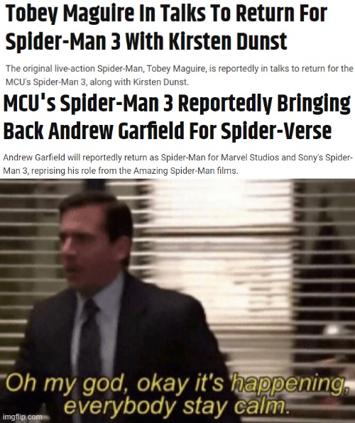 IT'S ACTUALLY HAPPENING | image tagged in oh my god okay it's happening everybody stay calm,spider-man,marvel,marvel cinematic universe,sony,marvel comics | made w/ Imgflip meme maker