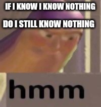 Hmm | IF I KNOW I KNOW NOTHING; DO I STILL KNOW NOTHING | image tagged in buzz lightyear hmm | made w/ Imgflip meme maker
