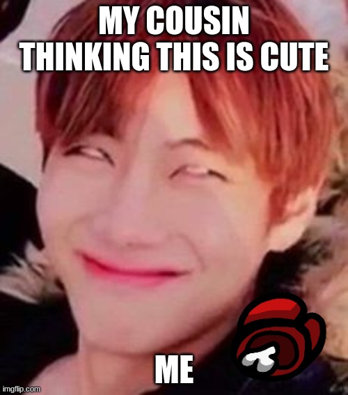 memeabe bts | MY COUSIN THINKING THIS IS CUTE; ME | image tagged in memeabe bts | made w/ Imgflip meme maker