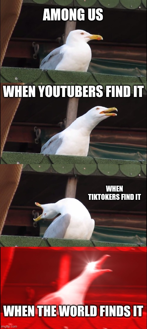 reality of among us | AMONG US; WHEN YOUTUBERS FIND IT; WHEN TIKTOKERS FIND IT; WHEN THE WORLD FINDS IT | image tagged in memes,inhaling seagull,among us,youtube,tiktok | made w/ Imgflip meme maker