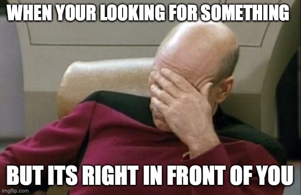 Captain Picard Facepalm Meme | WHEN YOUR LOOKING FOR SOMETHING; BUT ITS RIGHT IN FRONT OF YOU | image tagged in memes,captain picard facepalm | made w/ Imgflip meme maker