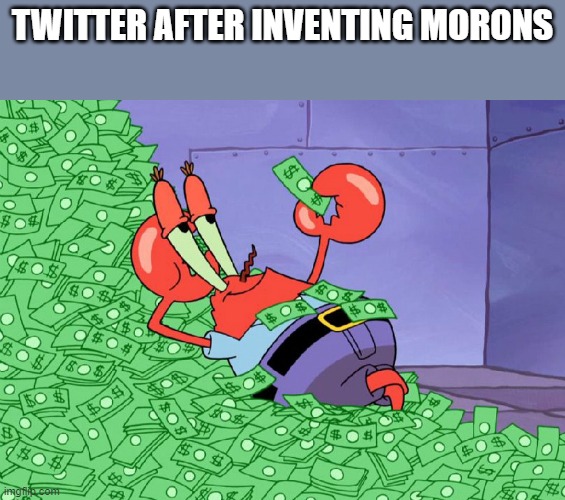 About to get cancelled | TWITTER AFTER INVENTING MORONS | image tagged in mr crab on money bath | made w/ Imgflip meme maker