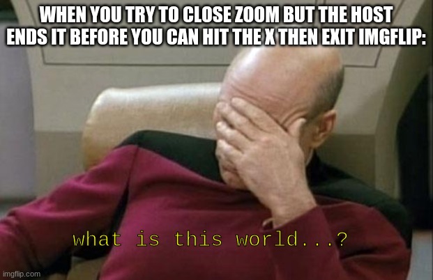 idk if this is repost i ran out of 'fun' memes | WHEN YOU TRY TO CLOSE ZOOM BUT THE HOST ENDS IT BEFORE YOU CAN HIT THE X THEN EXIT IMGFLIP:; what is this world...? | image tagged in memes,captain picard facepalm | made w/ Imgflip meme maker