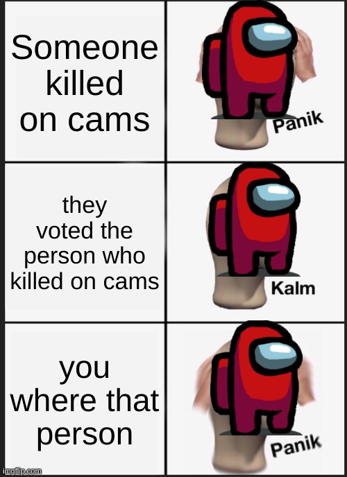 Panik Kalm Panik Meme | Someone killed on cams; they voted the person who killed on cams; you where that person | image tagged in memes,panik kalm panik | made w/ Imgflip meme maker