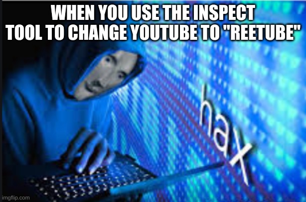 Hax | WHEN YOU USE THE INSPECT TOOL TO CHANGE YOUTUBE TO "REETUBE" | image tagged in hax,funny memes | made w/ Imgflip meme maker