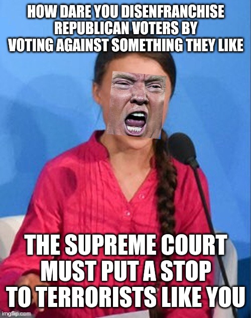 HOW DARE YOU DISENFRANCHISE REPUBLICAN VOTERS BY VOTING AGAINST SOMETHING THEY LIKE THE SUPREME COURT MUST PUT A STOP TO TERRORISTS LIKE YOU | made w/ Imgflip meme maker