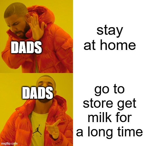dads be like | stay at home; DADS; go to store get milk for a long time; DADS | image tagged in memes,drake hotline bling | made w/ Imgflip meme maker