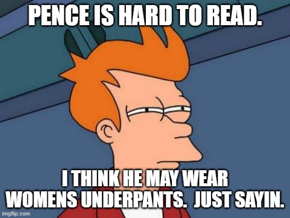 Futurama Fry Meme | PENCE IS HARD TO READ. I THINK HE MAY WEAR WOMENS UNDERPANTS.  JUST SAYIN. | image tagged in memes,futurama fry | made w/ Imgflip meme maker