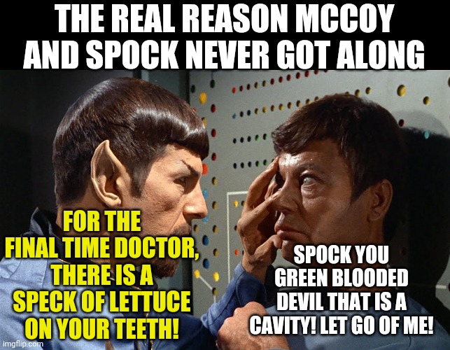Spock could be rough at times | THE REAL REASON MCCOY AND SPOCK NEVER GOT ALONG; FOR THE FINAL TIME DOCTOR, THERE IS A SPECK OF LETTUCE ON YOUR TEETH! SPOCK YOU GREEN BLOODED DEVIL THAT IS A CAVITY! LET GO OF ME! | image tagged in spock n bones,star trek | made w/ Imgflip meme maker