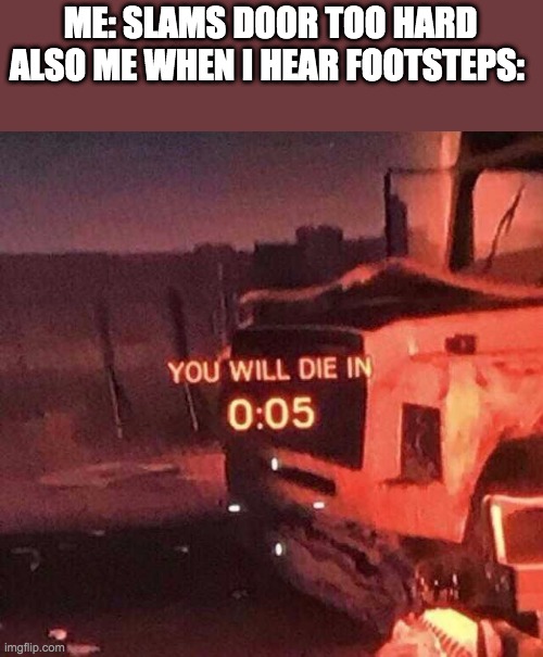 You will die in 0:05 | ME: SLAMS DOOR TOO HARD
ALSO ME WHEN I HEAR FOOTSTEPS: | image tagged in you will die in 0 05,funny memes | made w/ Imgflip meme maker
