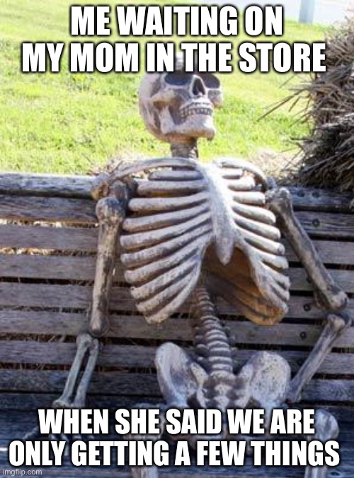 Waiting Skeleton | ME WAITING ON MY MOM IN THE STORE; WHEN SHE SAID WE ARE ONLY GETTING A FEW THINGS | image tagged in memes,waiting skeleton | made w/ Imgflip meme maker