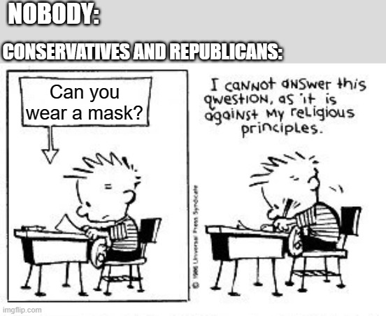 I Like This Template | NOBODY:; CONSERVATIVES AND REPUBLICANS:; Can you wear a mask? | image tagged in i cannot answer this question,memes,calvin and hobbes | made w/ Imgflip meme maker