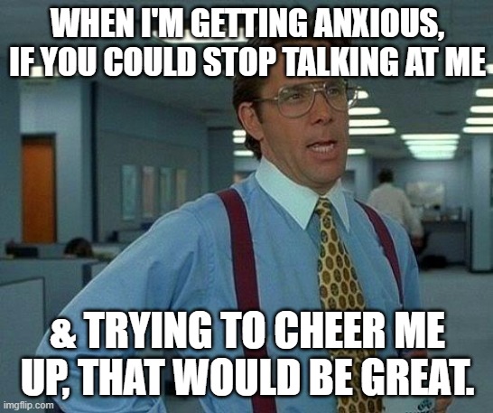 Don't make things worse | WHEN I'M GETTING ANXIOUS, IF YOU COULD STOP TALKING AT ME; & TRYING TO CHEER ME UP, THAT WOULD BE GREAT. | image tagged in if you could x,anxiety,shut up | made w/ Imgflip meme maker