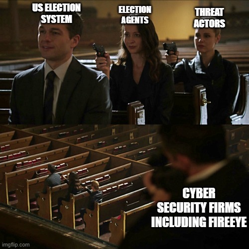 Fireeye hack | THREAT ACTORS; ELECTION AGENTS; US ELECTION SYSTEM; CYBER SECURITY FIRMS INCLUDING FIREEYE | image tagged in assassination chain | made w/ Imgflip meme maker