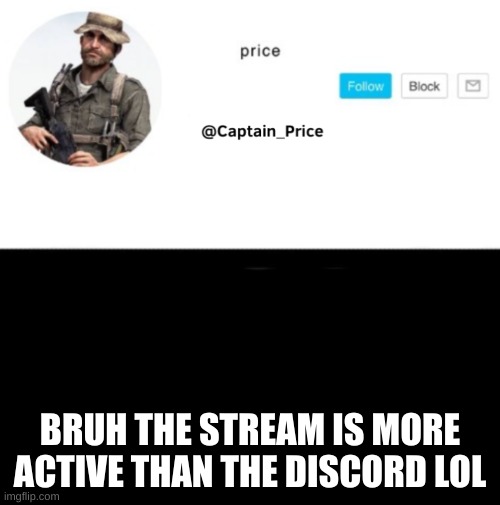 lol | BRUH THE STREAM IS MORE ACTIVE THAN THE DISCORD LOL | image tagged in captain_price template | made w/ Imgflip meme maker