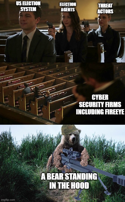 Fireeye hack | A BEAR STANDING IN THE HOOD | image tagged in hackers | made w/ Imgflip meme maker