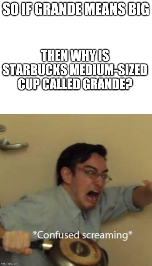 SO IF GRANDE MEANS BIG; THEN WHY IS STARBUCKS MEDIUM-SIZED CUP CALLED GRANDE? | image tagged in blank white template,filthy frank confused scream | made w/ Imgflip meme maker