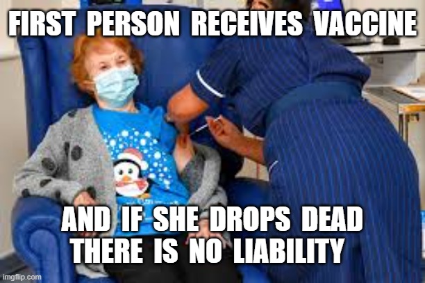 FIRST  PERSON  RECEIVES  VACCINE; AND  IF  SHE  DROPS  DEAD
           THERE  IS  NO  LIABILITY | image tagged in vaccine,no liability,plandemic | made w/ Imgflip meme maker