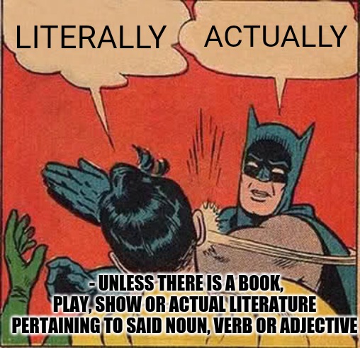 Grammar grammar grammar grammar batman | LITERALLY; ACTUALLY; - UNLESS THERE IS A BOOK, PLAY, SHOW OR ACTUAL LITERATURE PERTAINING TO SAID NOUN, VERB OR ADJECTIVE | image tagged in memes,batman slapping robin | made w/ Imgflip meme maker