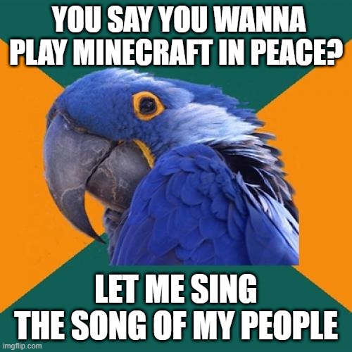 Paranoid Parrot |  YOU SAY YOU WANNA PLAY MINECRAFT IN PEACE? LET ME SING THE SONG OF MY PEOPLE | image tagged in memes,paranoid parrot | made w/ Imgflip meme maker