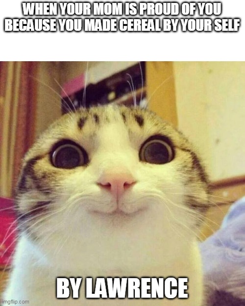 this cat is cute | WHEN YOUR MOM IS PROUD OF YOU BECAUSE YOU MADE CEREAL BY YOUR SELF; BY LAWRENCE | image tagged in memes,smiling cat,funny,cats | made w/ Imgflip meme maker