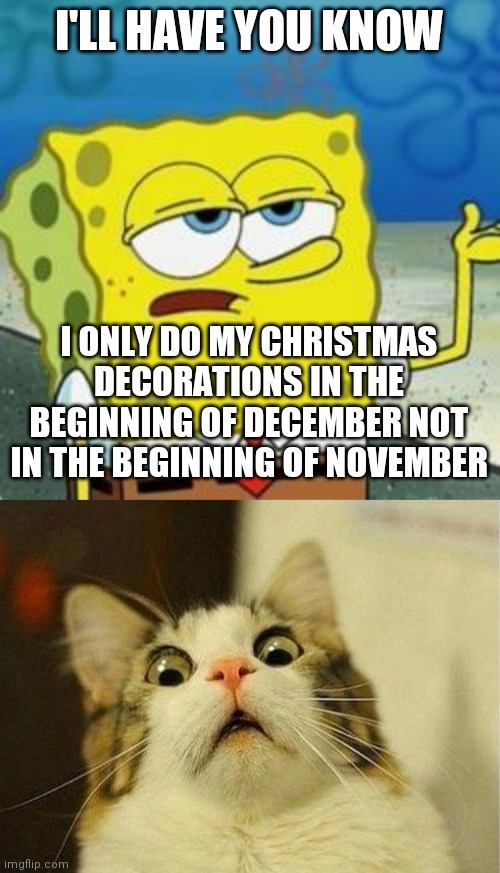 Put your hands together because SpongeBob Christmas weekend is almost here | I'LL HAVE YOU KNOW; I ONLY DO MY CHRISTMAS DECORATIONS IN THE BEGINNING OF DECEMBER NOT IN THE BEGINNING OF NOVEMBER | image tagged in spongebob i'll have you know,memes,scared cat,spongebob christmas weekend | made w/ Imgflip meme maker