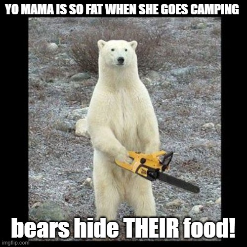 Chainsaw Bear Meme | YO MAMA IS SO FAT WHEN SHE GOES CAMPING bears hide THEIR food! | image tagged in memes,chainsaw bear | made w/ Imgflip meme maker