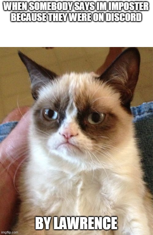 Grumpy Cat | WHEN SOMEBODY SAYS IM IMPOSTER BECAUSE THEY WERE ON DISCORD; BY LAWRENCE | image tagged in memes,grumpy cat,cats,among us,discord | made w/ Imgflip meme maker