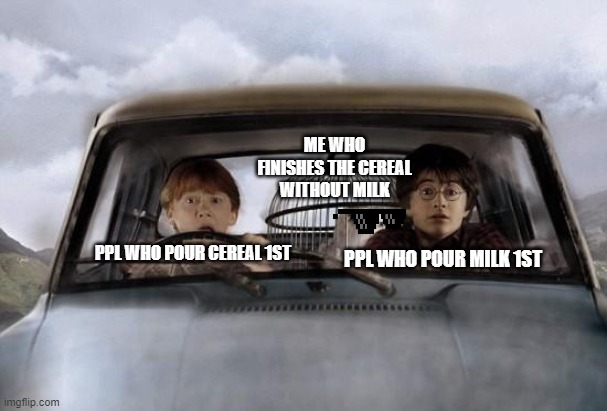 Harry potter uber | ME WHO FINISHES THE CEREAL WITHOUT MILK; PPL WHO POUR CEREAL 1ST; PPL WHO POUR MILK 1ST | image tagged in harry potter uber | made w/ Imgflip meme maker