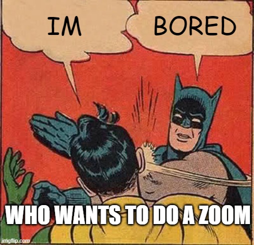 poll in comments if you don't want to you don't have to I'm just bored lol | IM; BORED; WHO WANTS TO DO A ZOOM | image tagged in memes,batman slapping robin | made w/ Imgflip meme maker
